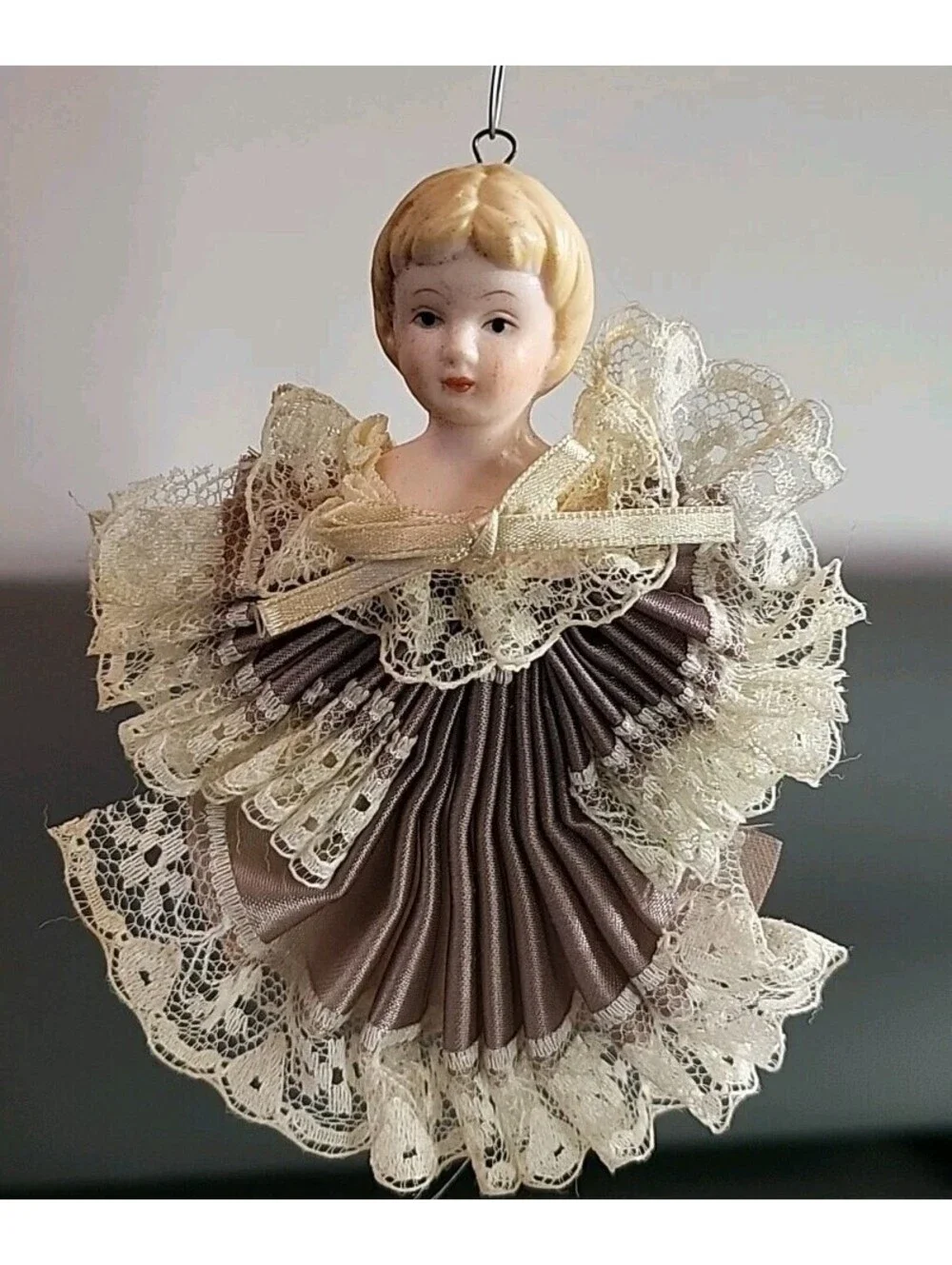 Vintage Porcelain Angel Girl Gray HandmadeChristmas Ornament 4